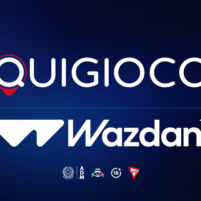 Logo Quigioco e Wazdan su sfondo blu – integrazione Wazdan su Quigioco