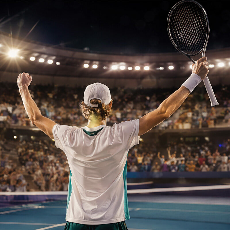 Tennista di spalle festeggia la vittoria in campo durante il ritorno al vertice del ranking ATP di Sinner