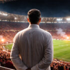 Sceicco Roma di spalle osserva una partita in uno stadio pieno illuminato di notte
