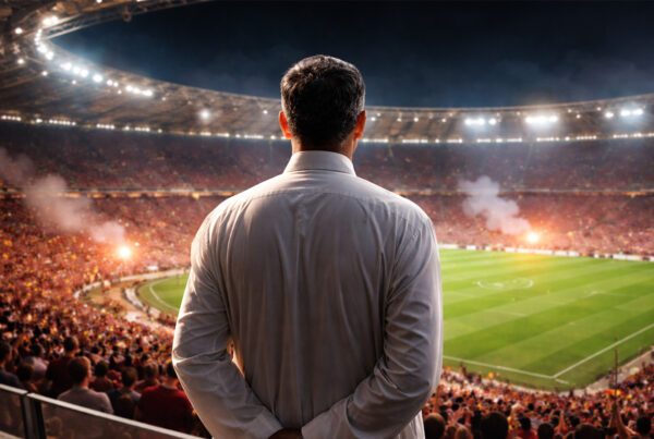 Sceicco Roma di spalle osserva una partita in uno stadio pieno illuminato di notte