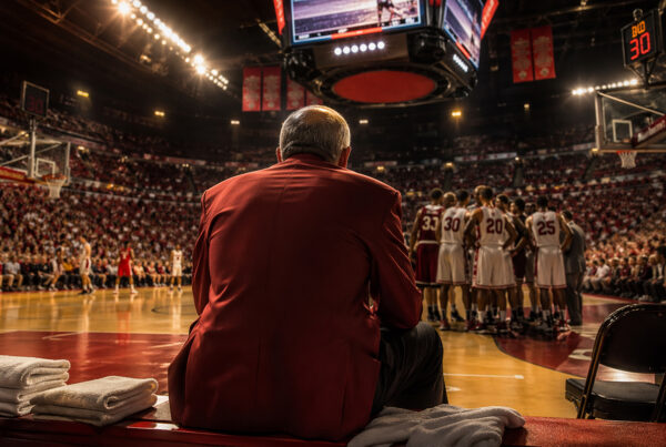 Tarkanian di spalle in panchina durante una partita NCAA con squadra in timeout