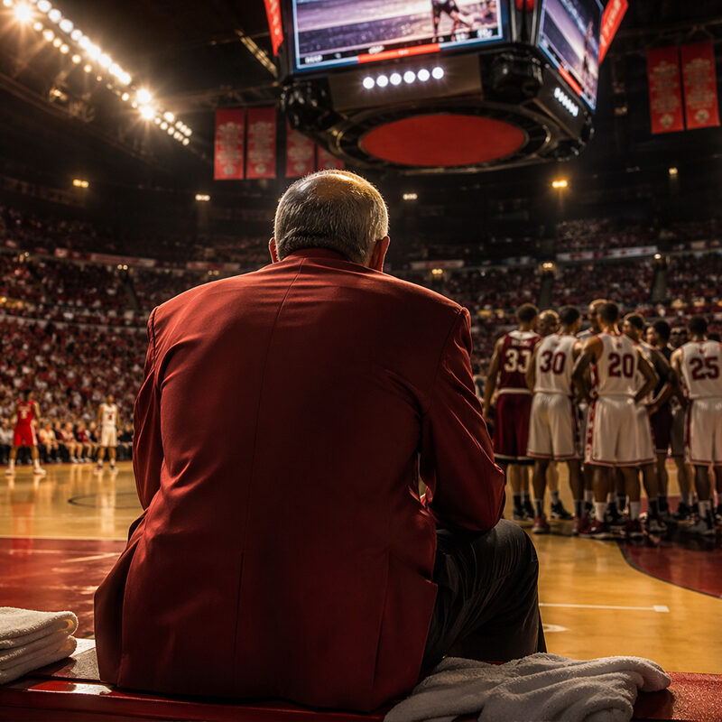 Tarkanian di spalle in panchina durante una partita NCAA con squadra in timeout