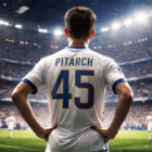 Thiago Pitarch di spalle con maglia numero 45 del Real Madrid in uno stadio illuminato