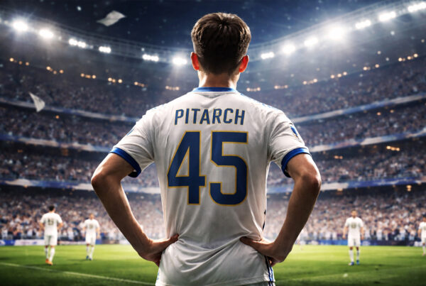 Thiago Pitarch di spalle con maglia numero 45 del Real Madrid in uno stadio illuminato