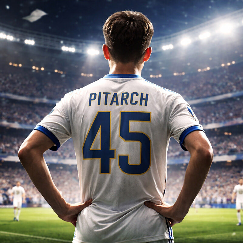 Thiago Pitarch di spalle con maglia numero 45 del Real Madrid in uno stadio illuminato