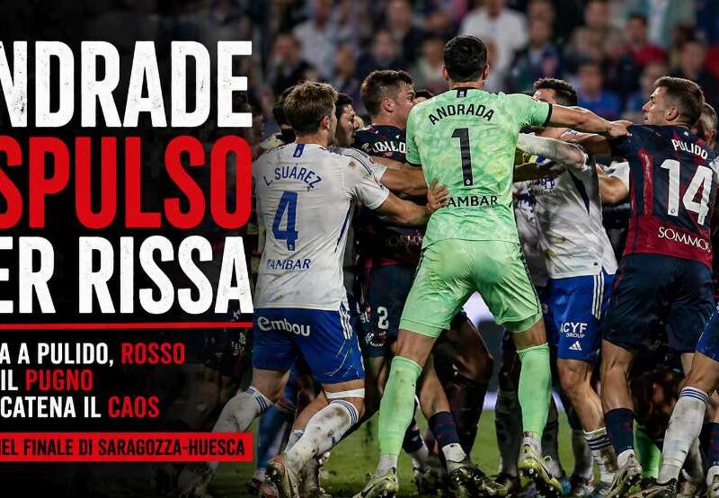 Andrade espulso per rissa: portiere di spalle coinvolto in mischia tra giocatori durante partita