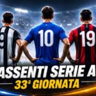 Assenti Serie A 33 giornata: tre calciatori di spalle con maglie generiche in uno stadio illuminato e grafica sportiva