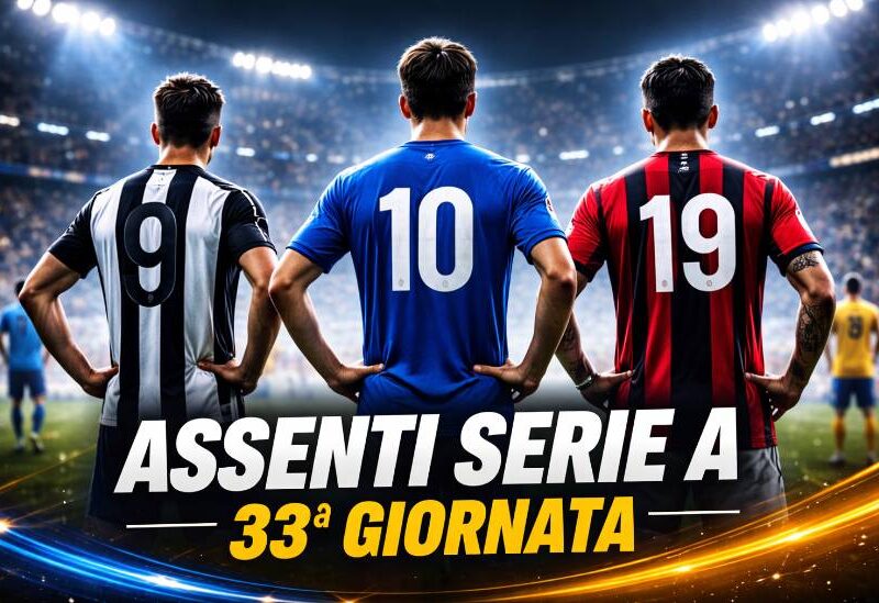 Assenti Serie A 33 giornata: tre calciatori di spalle con maglie generiche in uno stadio illuminato e grafica sportiva