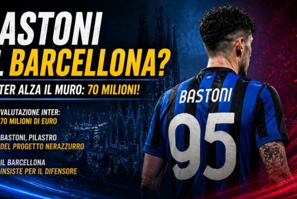 Bastoni al Barcellona: calciatore di spalle con maglia nerazzurra e grafica mercato con valutazione 70 milioni