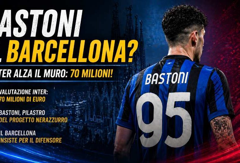 Bastoni al Barcellona: calciatore di spalle con maglia nerazzurra e grafica mercato con valutazione 70 milioni