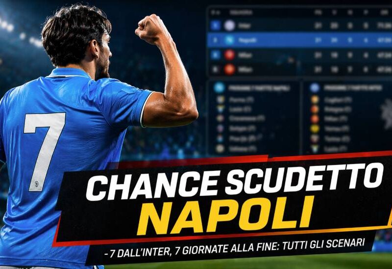 Chance scudetto Napoli: calciatore di spalle in maglia azzurra esulta in campo con grafica sportiva e classifica sfocata sullo sfondo