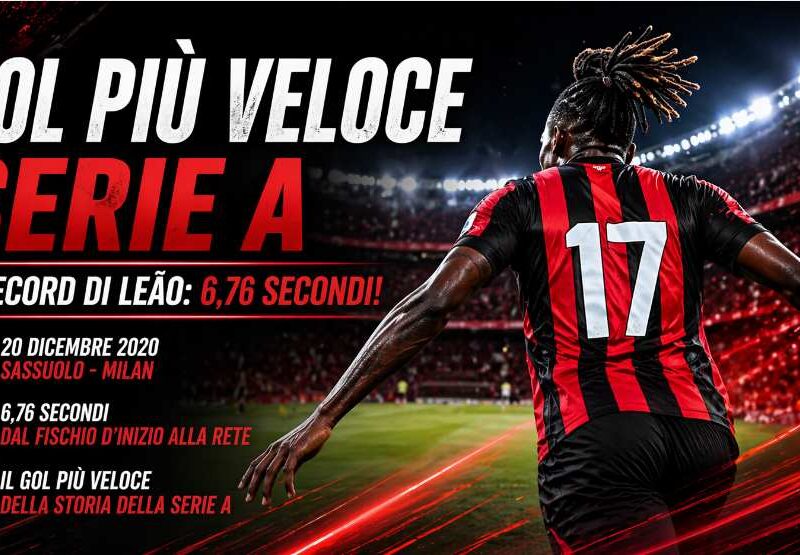 Gol più veloce Serie A: calciatore di spalle in maglia rossonera con e grafica record 6,76 secondi
