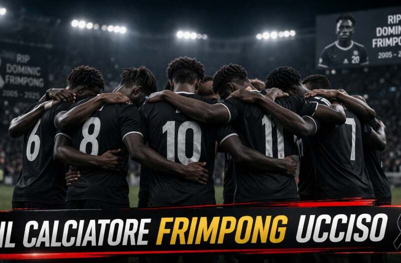 Il calciatore Frimpong ucciso: squadra di calcio in cerchio di spalle in segno di lutto con banner commemorativo in basso