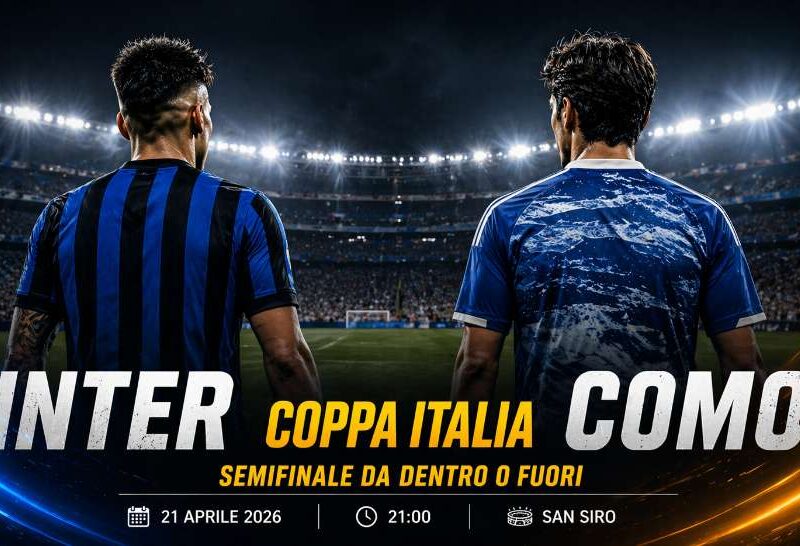 Inter Como Coppa Italia: due calciatori di spalle in uno stadio illuminato con grafica semifinale