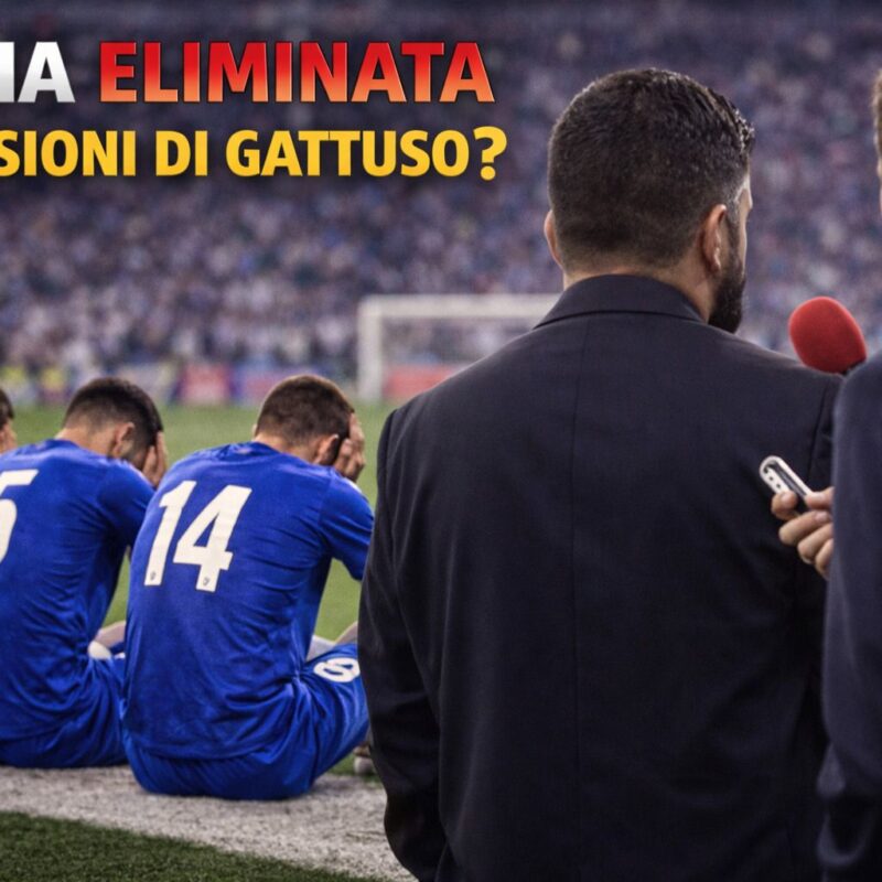 Tre calciatori della nazionale italiana, vestiti con maglie azzurre e numeri 7, 15 e 14, sono seduti a bordo campo con le spalle rivolte alla telecamera, visibilmente disperati con la testa tra le mani dopo una sconfitta. Alla loro destra, una figura in abito scuro, ripresa di spalle e riconducibile a un allenatore, viene intervistata da un giornalista con microfono rosso. Sullo sfondo si intravede uno stadio pieno e sfocato. In alto a sinistra compare la scritta “ITALIA ELIMINATA” con “ITALIA” in verde-bianco-rosso e “ELIMINATA” in rosso, mentre sotto si legge “DIMISSIONI DI GATTUSO?” in giallo. l'immagine da riferimento ad un articolo in cui si parla dell'italia eliminata dimissioni di Gattuso come ipotesi dopo la sconfitta degli azzurri