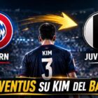 La Juventus pensa a Kim: giocatore di spalle con freccia di trasferimento da Bayern a Juventus e grafica sportiva