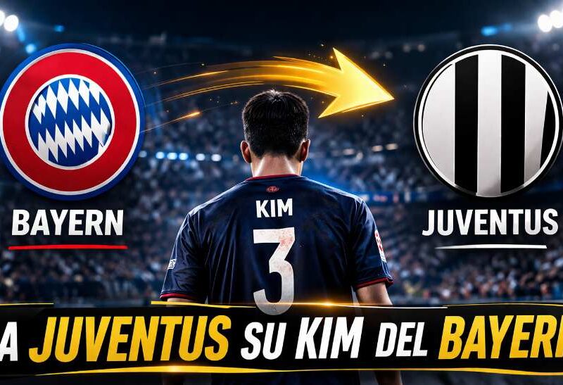 La Juventus pensa a Kim: giocatore di spalle con freccia di trasferimento da Bayern a Juventus e grafica sportiva