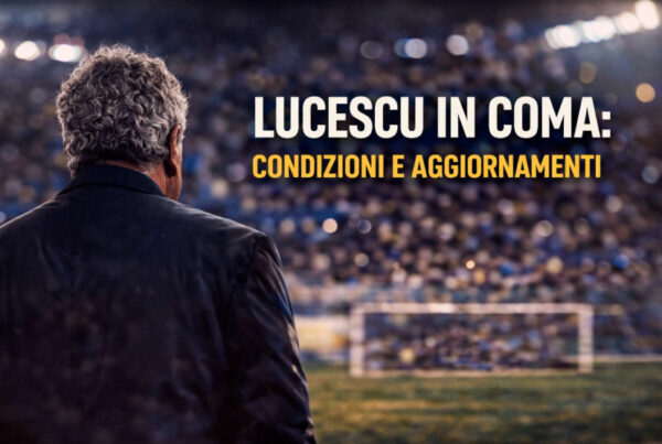 Allenatore di calcio di spalle in uno stadio illuminato con la scritta Lucescu in coma: condizioni e aggiornamenti.