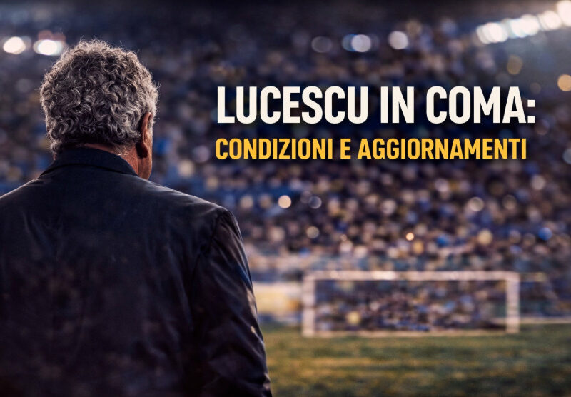 Allenatore di calcio di spalle in uno stadio illuminato con la scritta Lucescu in coma: condizioni e aggiornamenti.