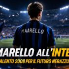 Marello Inter: giovane calciatore di spalle con maglia nerazzurra e nome Marello in uno stadio illuminato
