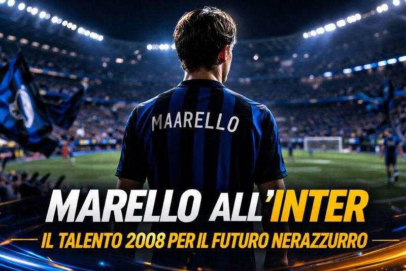 Marello Inter: giovane calciatore di spalle con maglia nerazzurra e nome Marello in uno stadio illuminato