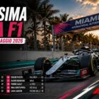Prossima gara F1 Miami: monoposto in pista su circuito cittadino con skyline e grafica GP 3 maggio 2026