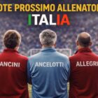 Allenatori di calcio di spalle disposti in cerchio al centro di un campo con i nomi Conte, Mancini, Ancelotti, Allegri e Inzaghi sulle giacche e titolo Quote prossimo allenatore Italia.