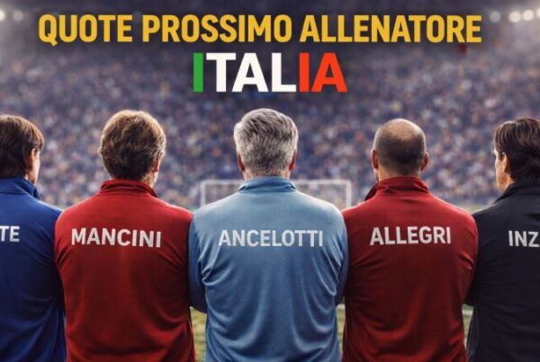 Allenatori di calcio di spalle disposti in cerchio al centro di un campo con i nomi Conte, Mancini, Ancelotti, Allegri e Inzaghi sulle giacche e titolo Quote prossimo allenatore Italia.