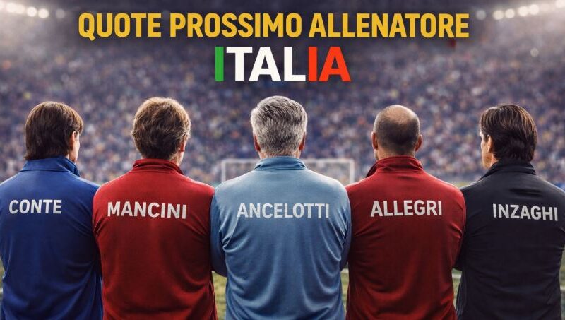 Allenatori di calcio di spalle disposti in cerchio al centro di un campo con i nomi Conte, Mancini, Ancelotti, Allegri e Inzaghi sulle giacche e titolo Quote prossimo allenatore Italia.