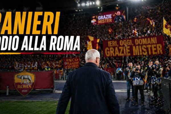 Ranieri addio alla Roma: allenatore di spalle esce dal campo con tifosi giallorossi sugli spalti