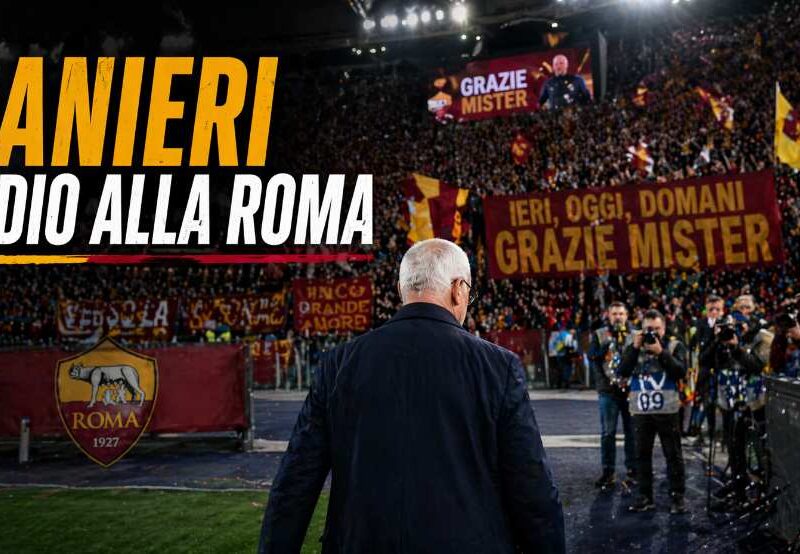 Ranieri addio alla Roma: allenatore di spalle esce dal campo con tifosi giallorossi sugli spalti