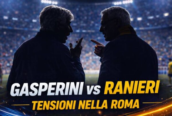 Ranieri ruolo Roma 2026: Gasperini e Ranieri di spalle discutono animatamente in uno stadio con grafica sportiva