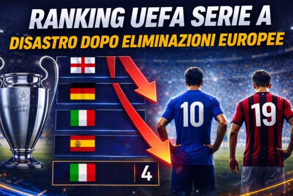 Ranking UEFA Serie A: calciatori di spalle con freccia in discesa e grafica Champions League che indica il calo dell’Italia