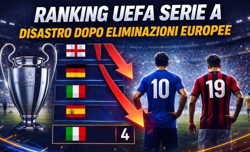Ranking UEFA Serie A: calciatori di spalle con freccia in discesa e grafica Champions League che indica il calo dell’Italia