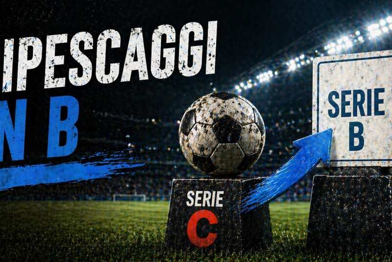 Ripescaggi in B: pallone su podio Serie C con freccia verso Serie B in uno stadio illuminato