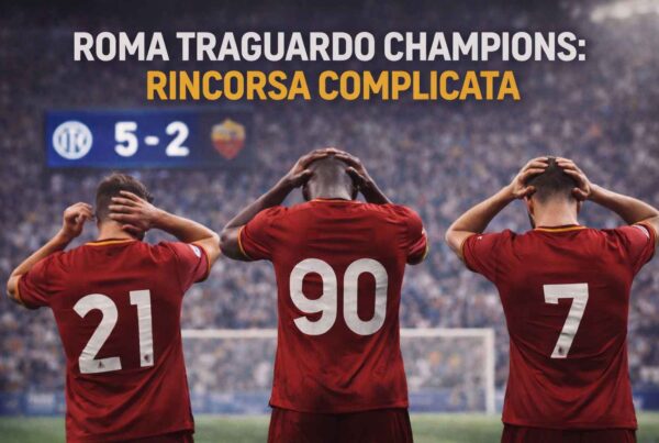 Tre giocatori della Roma di spalle con maglia rossa e numeri visibili guardano il campo dopo una sconfitta, con scritta Roma traguardo Champions rincorsa complicata.
