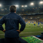 Allenatore di spalle osserva una partita in stile tattico 4-6-0 durante un match internazionale in uno stadio illuminato