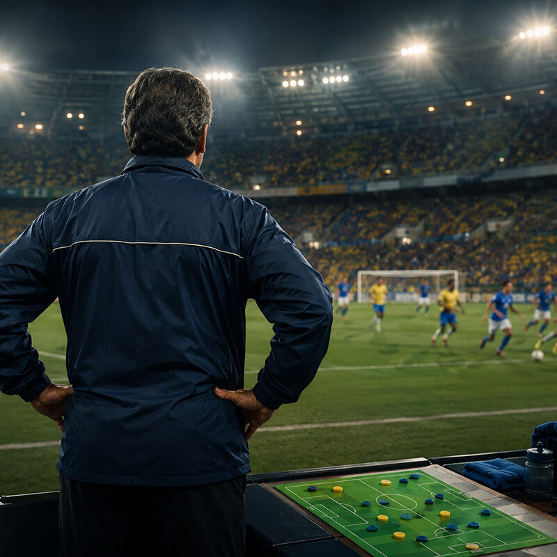 Allenatore di spalle osserva una partita in stile tattico 4-6-0 durante un match internazionale in uno stadio illuminato