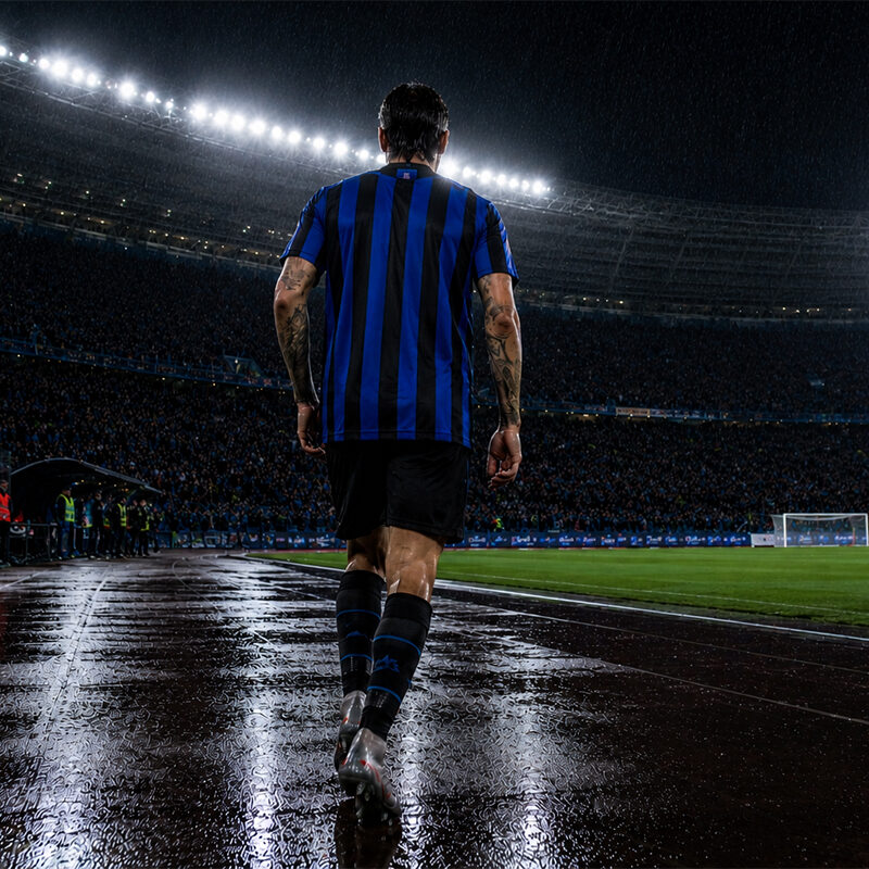 Acerbi cammina di spalle sotto la pioggia nello stadio illuminato durante la sua ultima notte con l’Inter