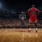 Air Jordan in un’arena NBA con giocatore di spalle durante una partita di basket storica