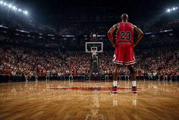 Air Jordan in un’arena NBA con giocatore di spalle durante una partita di basket storica