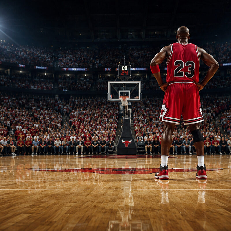 Air Jordan in un’arena NBA con giocatore di spalle durante una partita di basket storica