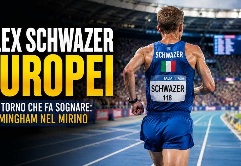 Alex Schwazer di spalle mentre corre su una pista d’atletica all’interno di uno stadio illuminato durante una grafica sportiva dedicata al possibile ritorno agli Europei di Birmingham.