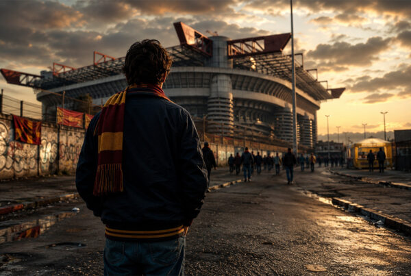 Antonio De Falchi di spalle davanti allo stadio San Siro in un’illustrazione digitale iperrealistica ispirata alla tragedia del tifoso della Roma