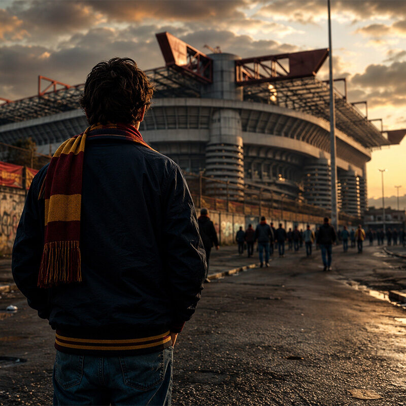 Antonio De Falchi di spalle davanti allo stadio San Siro in un’illustrazione digitale iperrealistica ispirata alla tragedia del tifoso della Roma