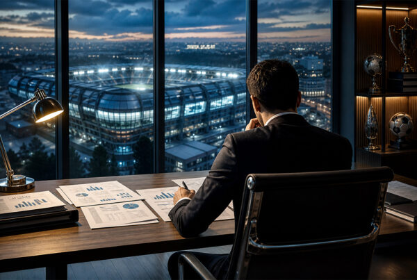 Manager osserva lo stadio con dati finanziari sul tavolo nel bilancio Inter 2025-26