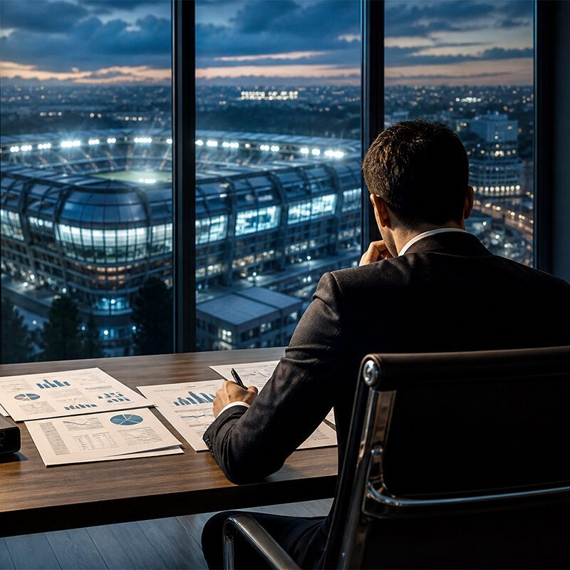 Manager osserva lo stadio con dati finanziari sul tavolo nel bilancio Inter 2025-26