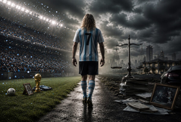 Caniggia rappresentato di spalle in uno stadio diviso tra successo calcistico, scandali, processi ed eccessi in stile realistico cinematografico