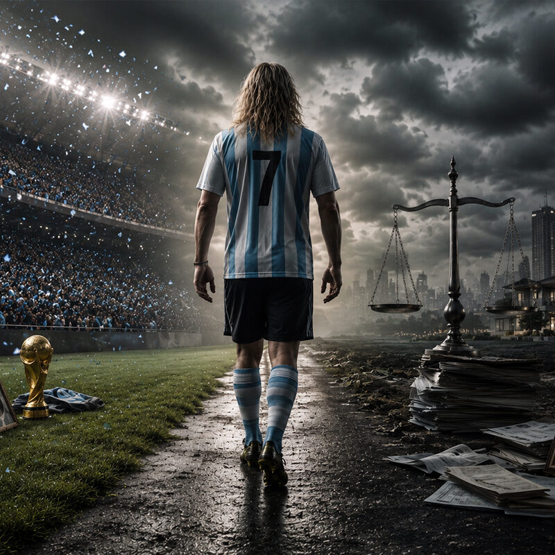 Caniggia rappresentato di spalle in uno stadio diviso tra successo calcistico, scandali, processi ed eccessi in stile realistico cinematografico