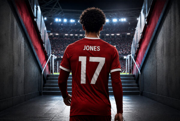 Curtis Jones di spalle mentre entra in uno stadio illuminato, immagine sportiva iperrealistica che rappresenta il centrocampista inglese seguito dall’Inter.